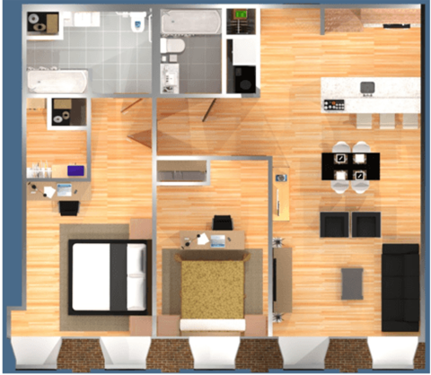 Floor plan for 2 beds, 2 baths, 920 sqft
